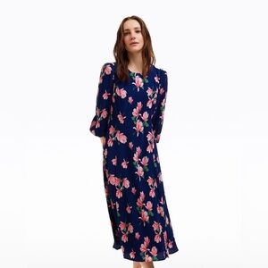 Draper James Matilda Crewneck Blue Pink Floral Puff long Sleeve Midi Dress 14